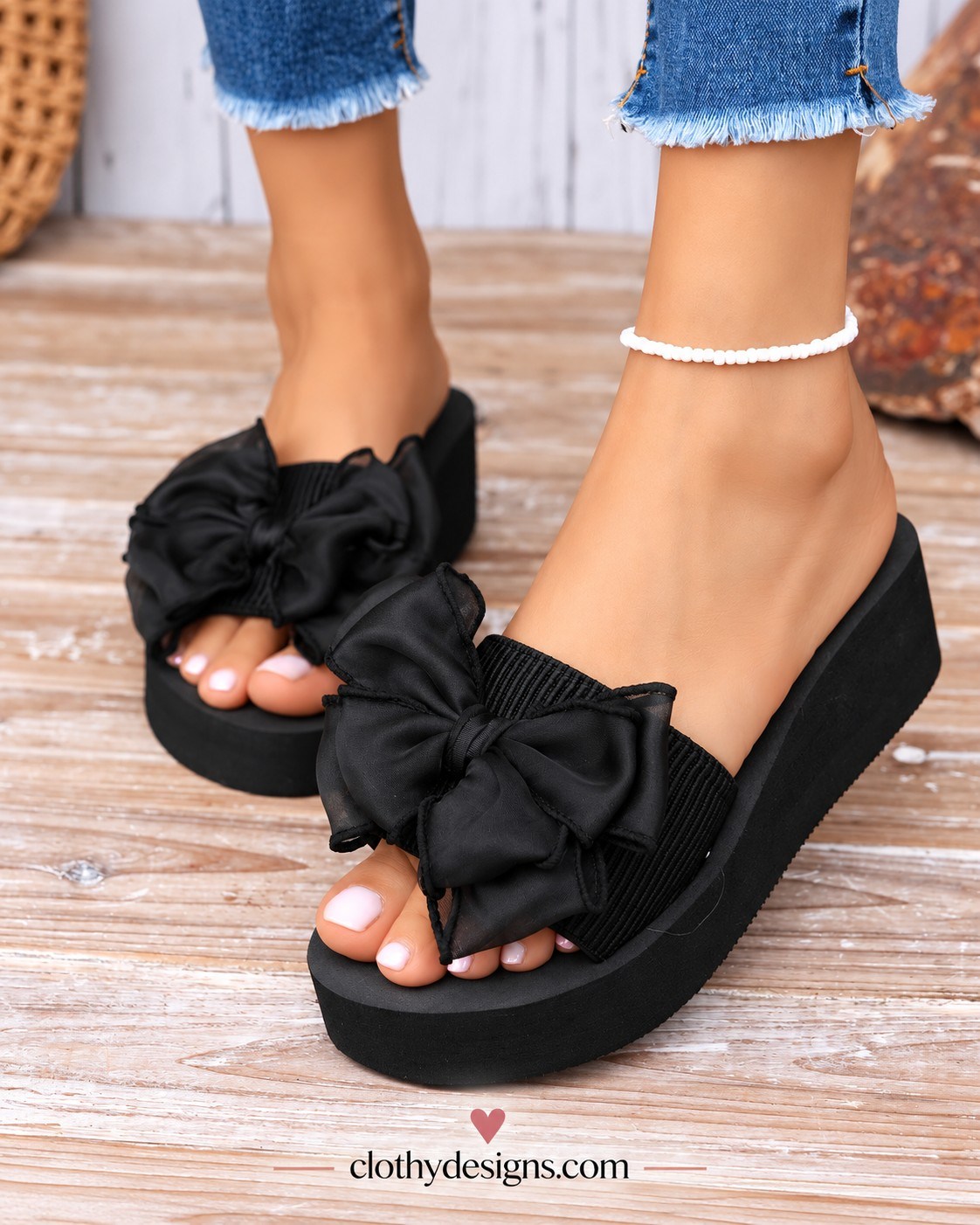 Elegant Women's Black Sandals with Bow Detail – 5cm Heel Slip-On Summer Footwear
